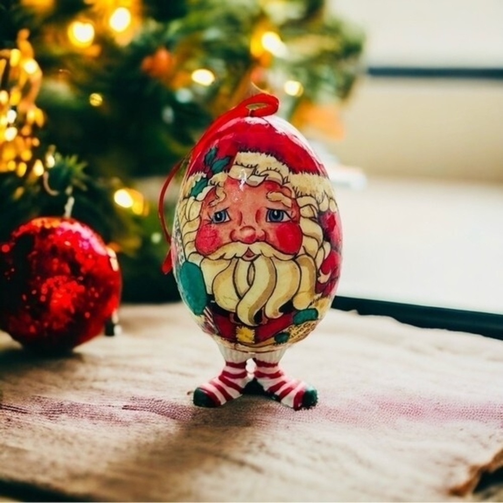 Vintage Multicolor Paper Mache Santa Claus Decoupage Christmas Ornament 3.5”